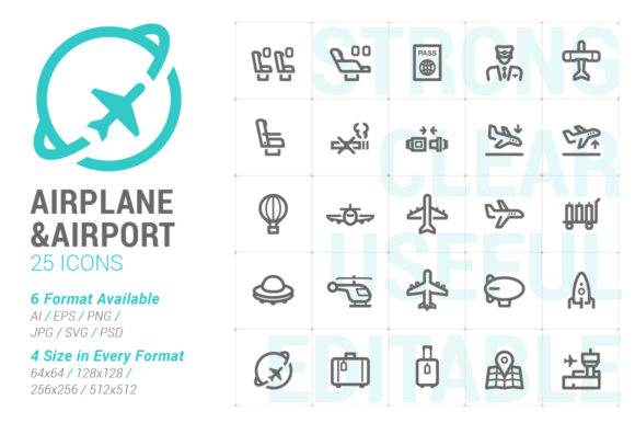 Airplane Airport Strong Line Icon Graphics