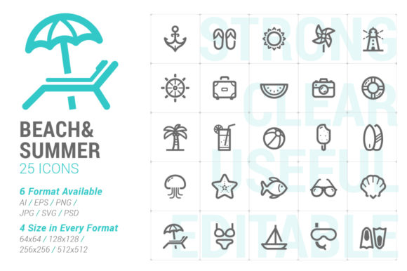 Beach Summer Strong Line Icon Graphics and Icons